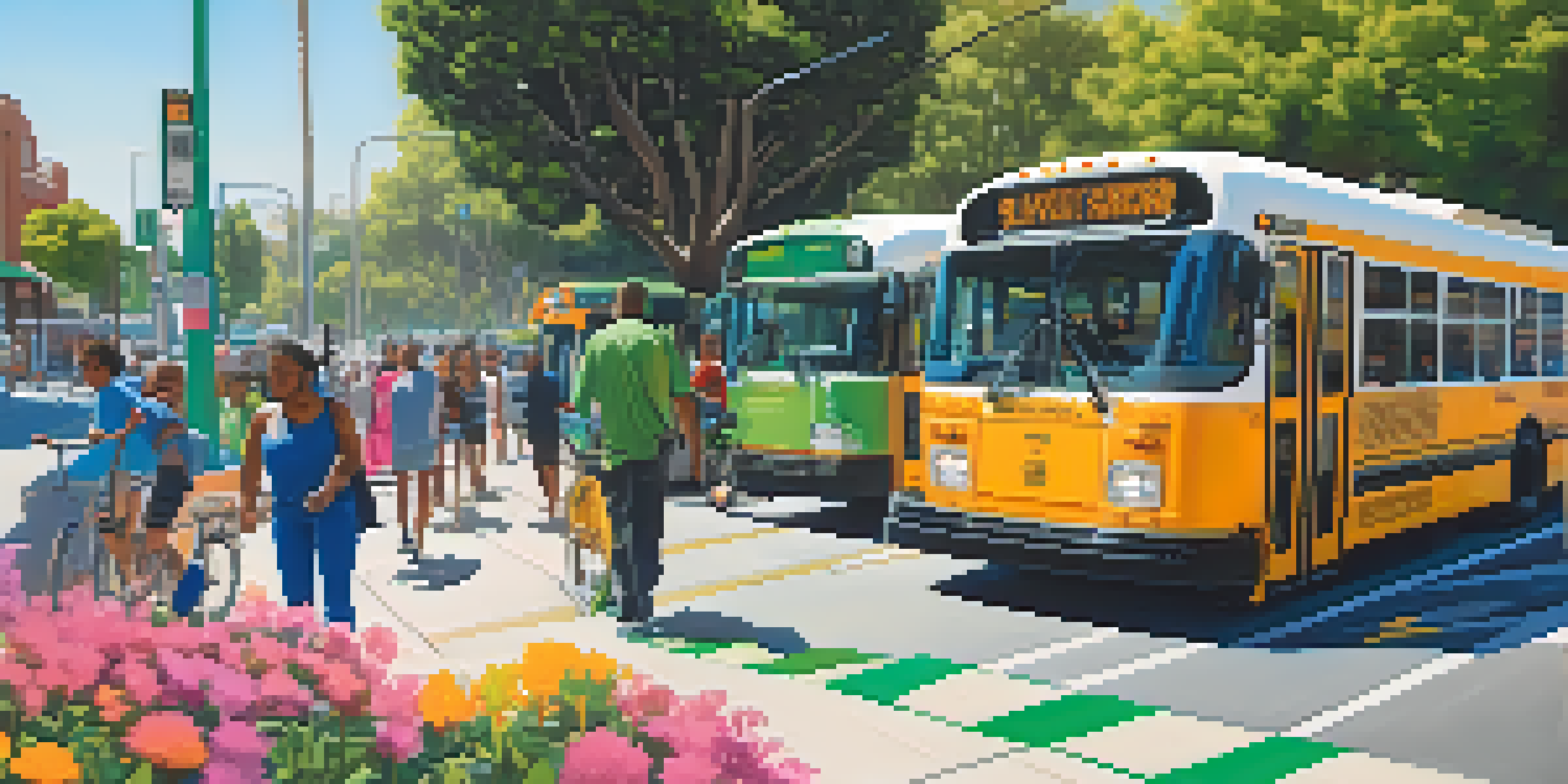 A lively urban street in Compton with electric buses, cyclists, and pedestrians enjoying a sunny day.