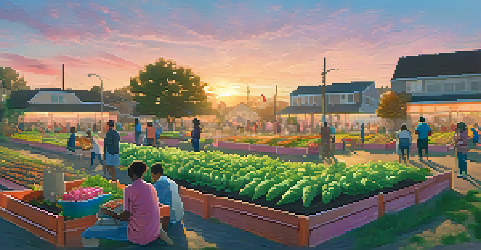 Panoramic view of a community garden at sunset with families working together and a colorful banner.