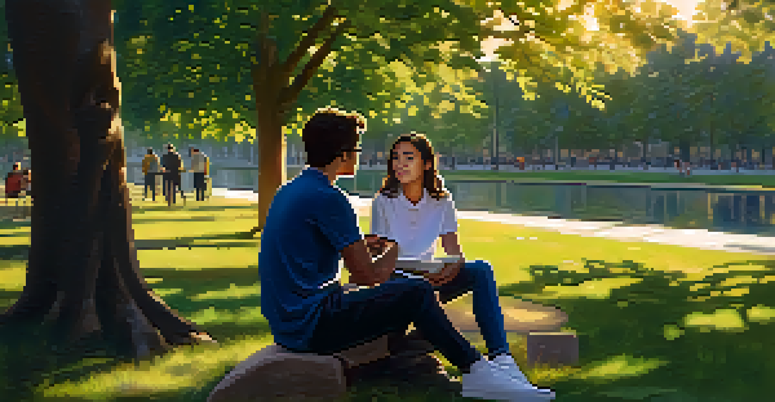 A mentor and a student discussing academic goals in a park during golden hour.