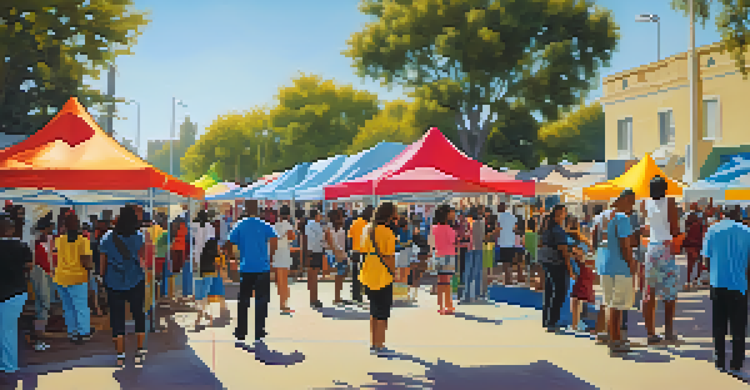 A bustling art festival in a park, featuring local artists, colorful tents, and families enjoying various activities.