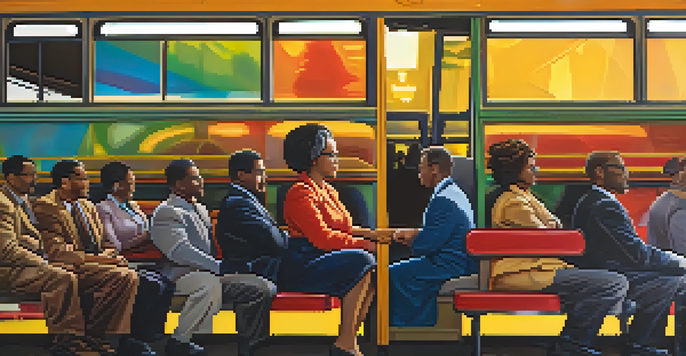 A mural of Rosa Parks sitting on a bus, with silhouettes of diverse community members in the background, illuminated by a golden light.