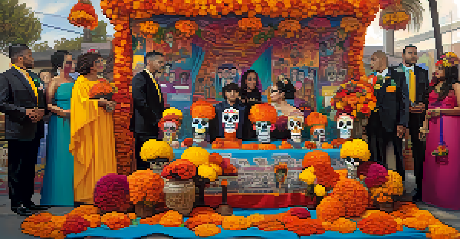 A vibrant Día de los Muertos celebration with an altar decorated with marigolds and sugar skulls, showcasing traditional attire and colorful decorations.