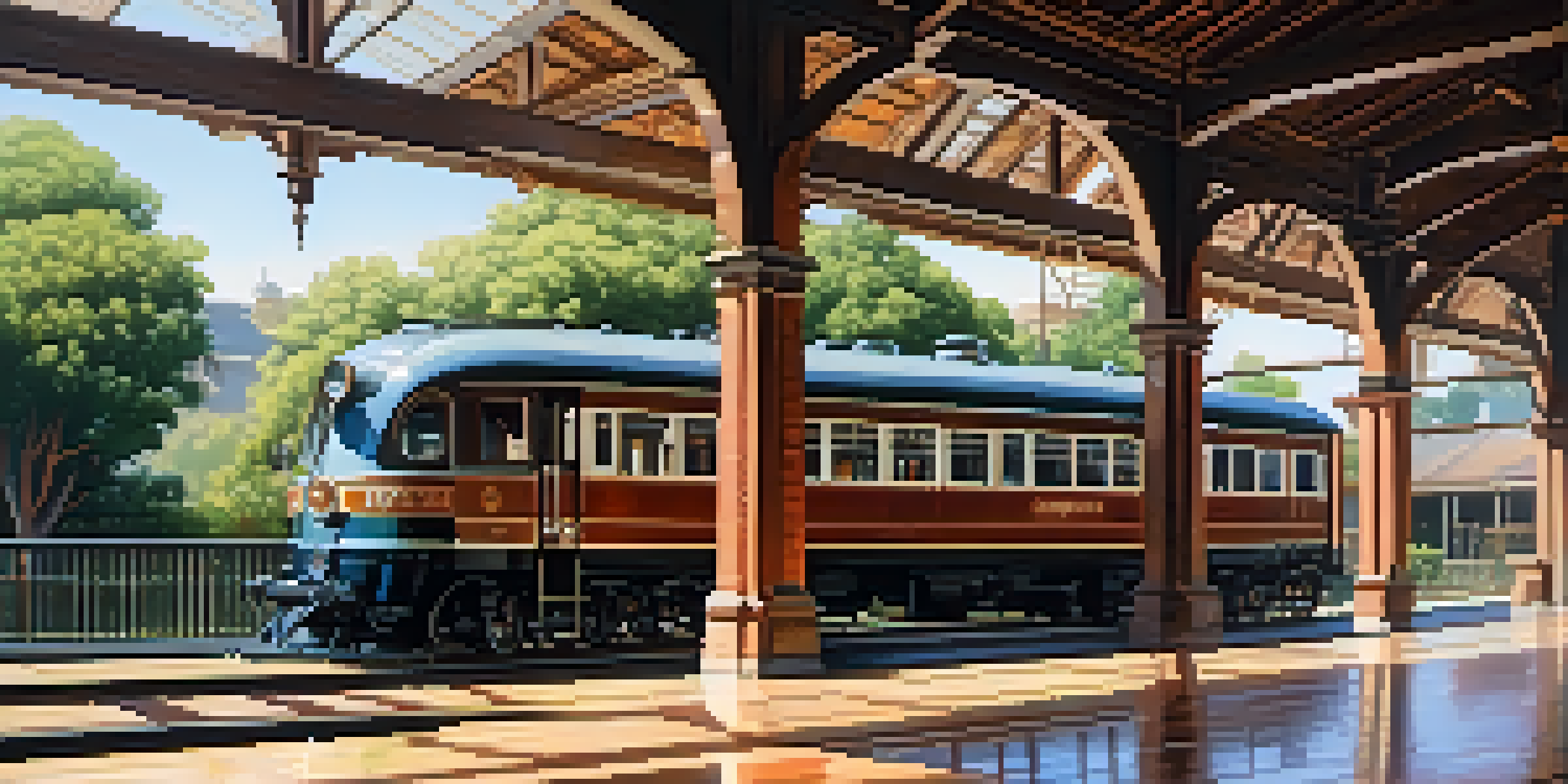 A vintage train station with wooden beams and brick walls, sunlight casting shadows on the floor, and a train parked outside.