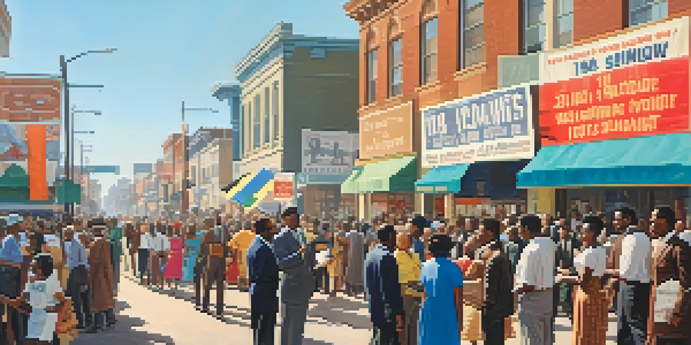 A historical depiction of civil rights activists in Compton during the 1960s, with diverse individuals holding signs and banners in a sunny street setting.