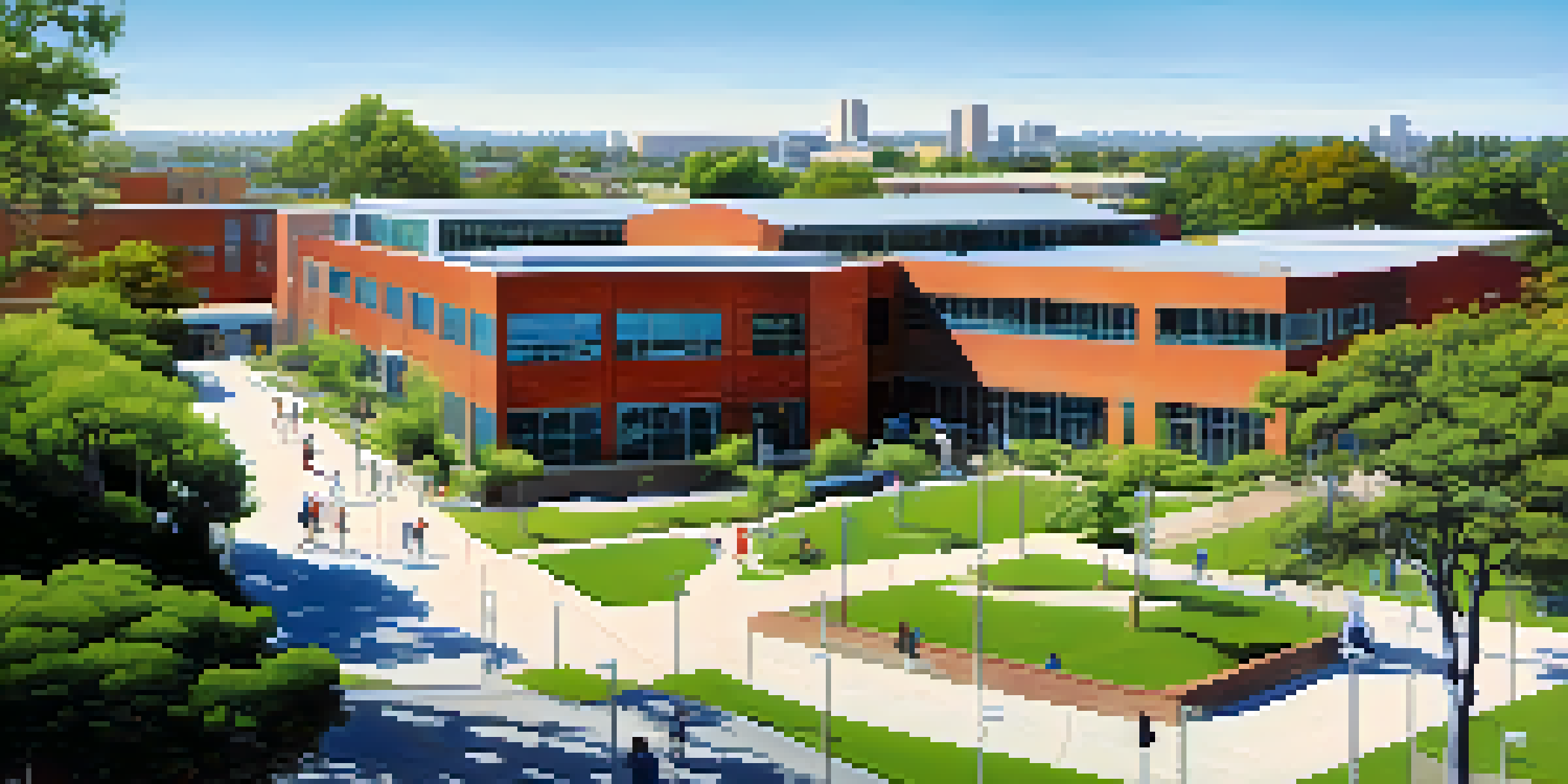 A wide view of Compton College with students interacting outdoors amidst greenery and modern buildings under a clear sky.