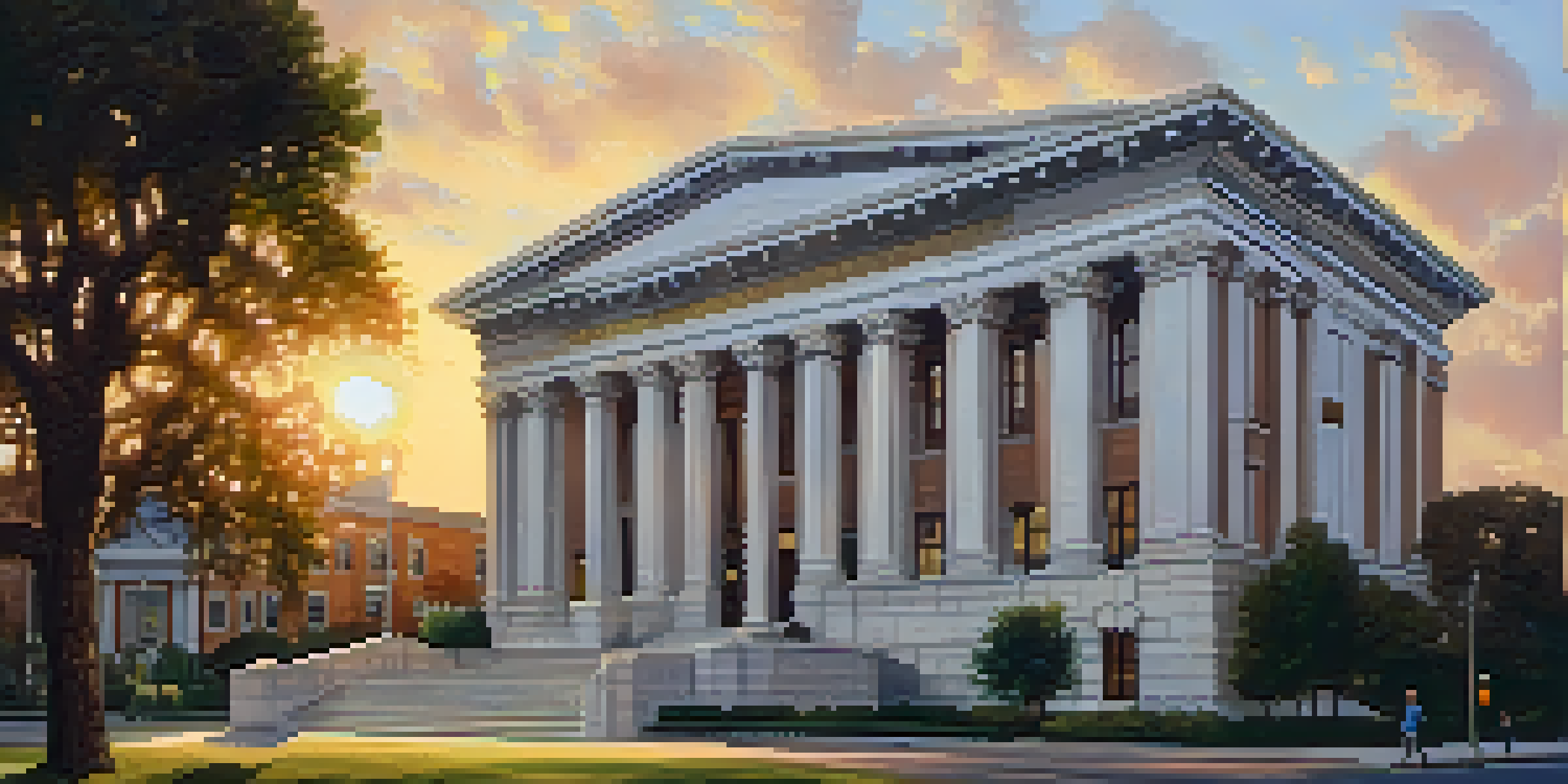 A view of the Compton Courthouse at sunset, highlighting its architecture and surrounding greenery with people approaching the entrance.