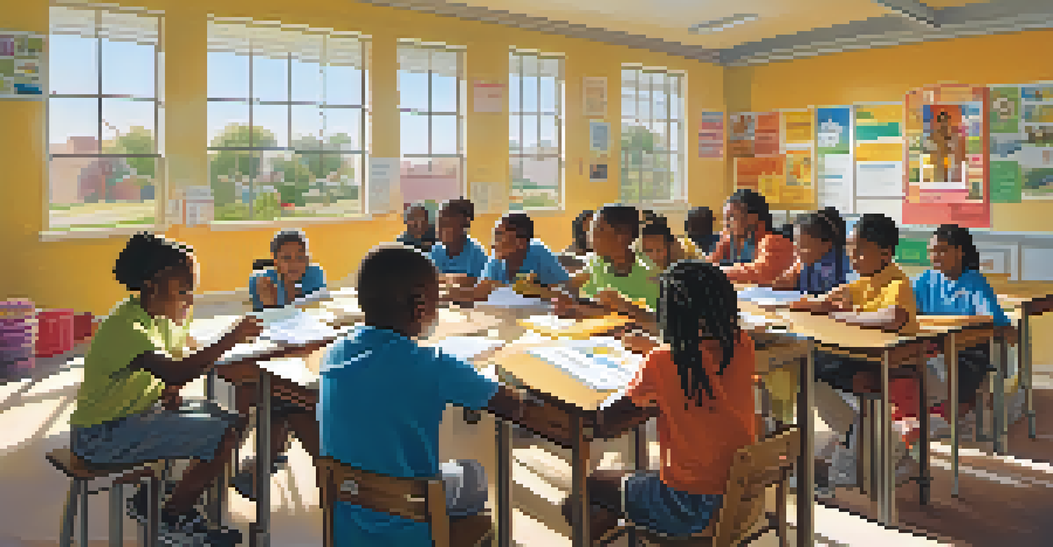 Volunteers tutoring students in a bright classroom filled with educational materials and positive posters.