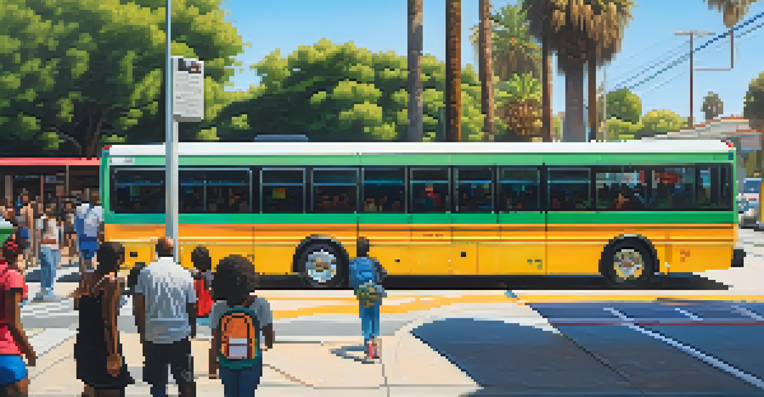 A colorful bus at a bus stop in Compton with diverse passengers, surrounded by greenery and community art in the sunlight.