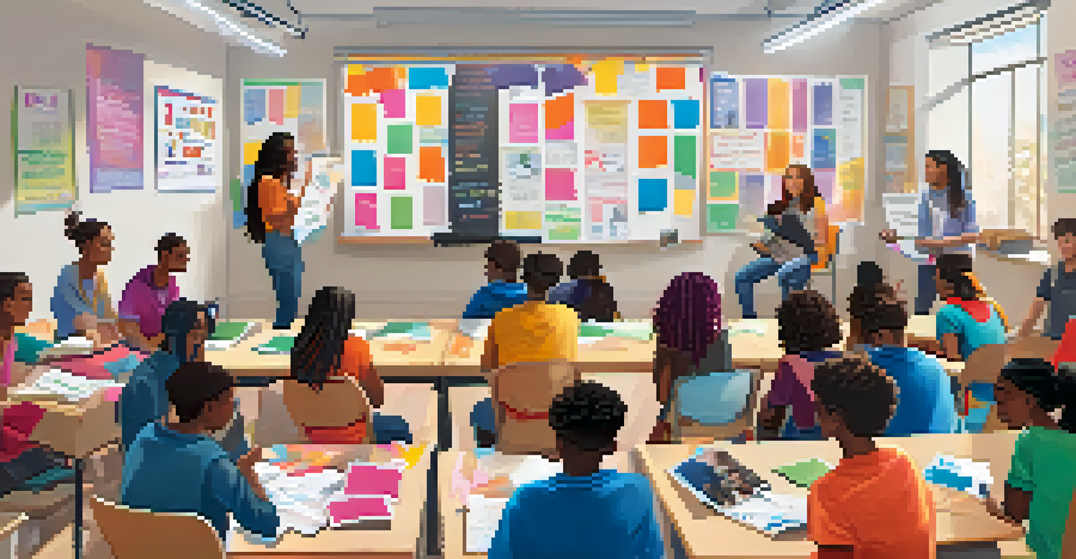 A classroom workshop with young activists brainstorming solutions for educational reform, surrounded by advocacy posters and colorful materials.