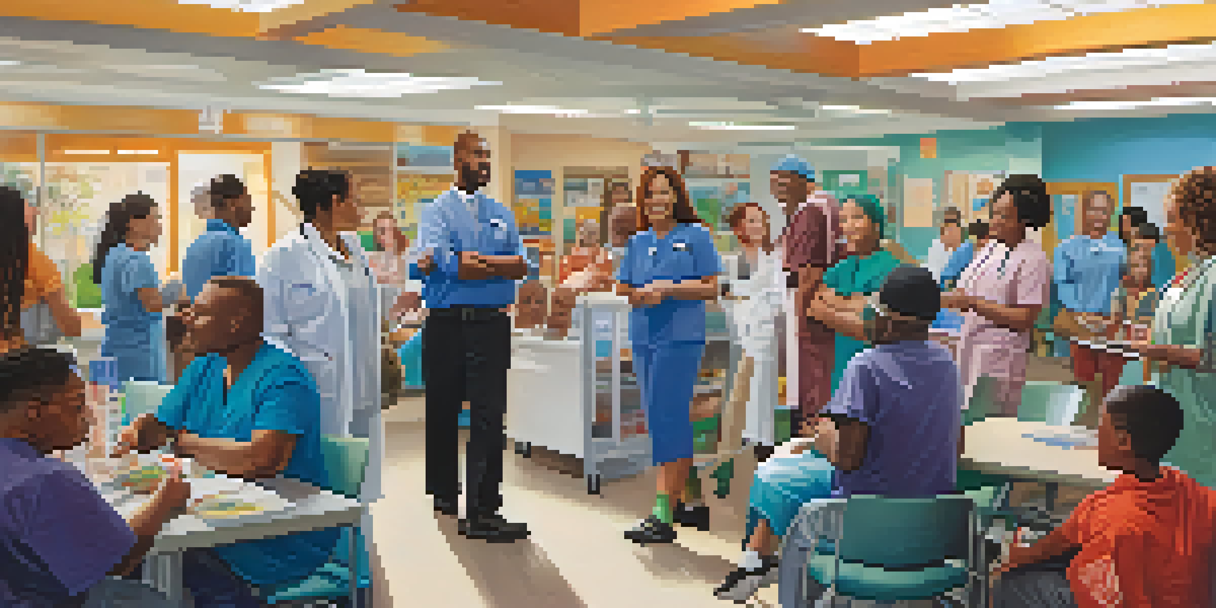 A diverse group of residents interacting with healthcare providers in a community health center, filled with bright colors and welcoming atmosphere.