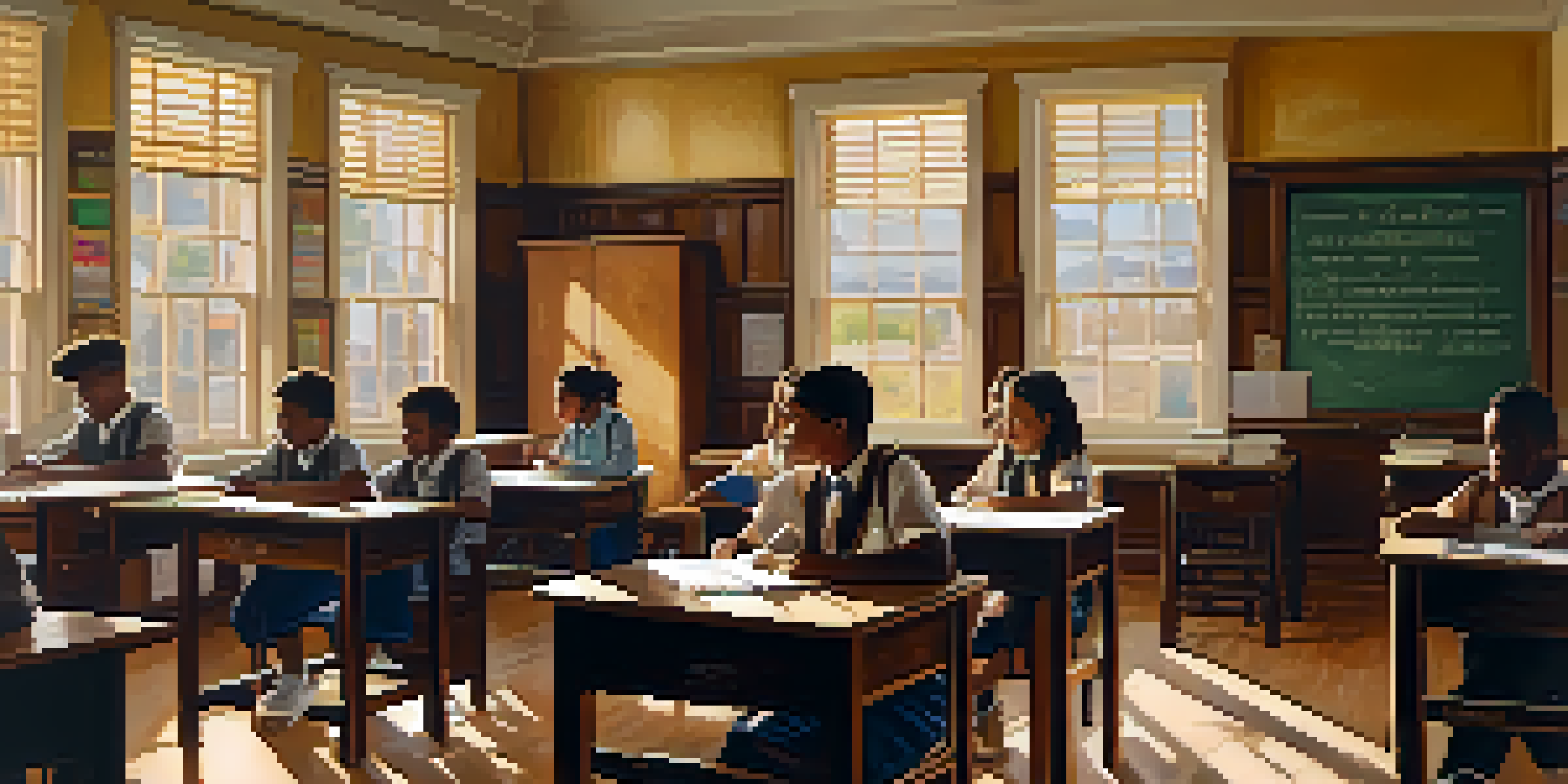 An early 20th-century classroom in Compton with wooden desks and engaged students, illuminated by sunlight.