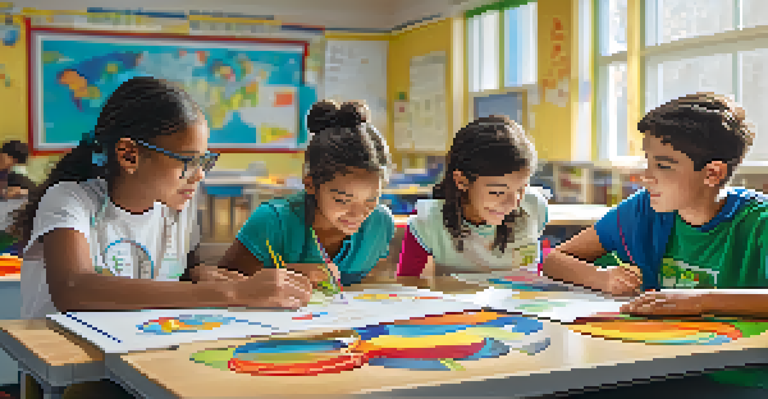 Three students collaborating on a science project in a bright classroom, discussing diagrams and materials together.