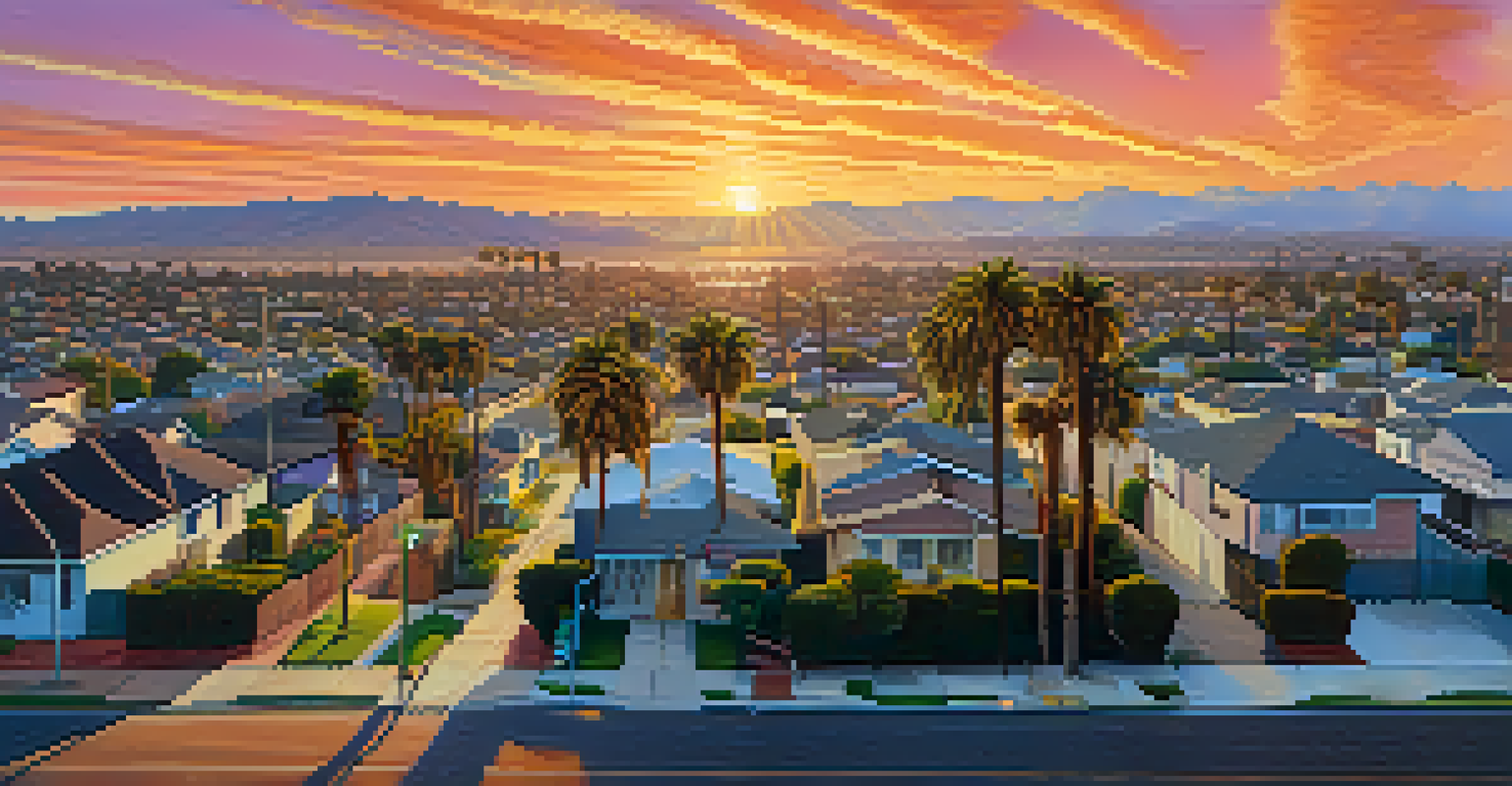 An aerial view of Compton during sunset, showcasing the urban landscape with residential neighborhoods and vibrant colors in the sky.