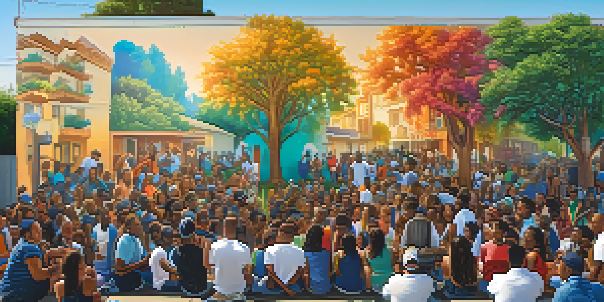 A colorful mural in Compton showing a diverse group of people gathered together, with sunlight shining through the trees.
