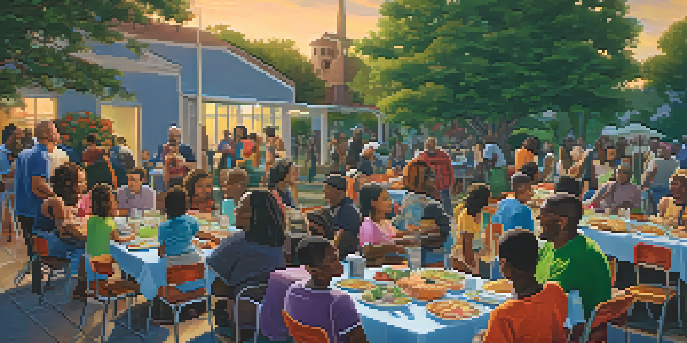 A community gathering at a church in Compton with diverse people enjoying a potluck, colorful dishes, and children playing.