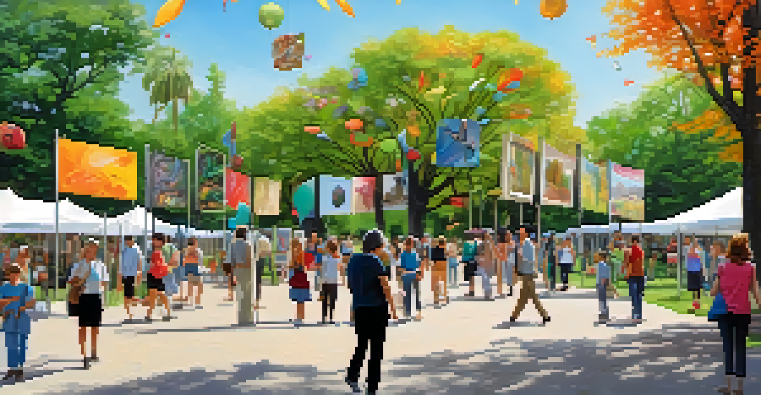 An outdoor art exhibition in a park featuring sculptures and interactive installations, with families exploring the vibrant displays.