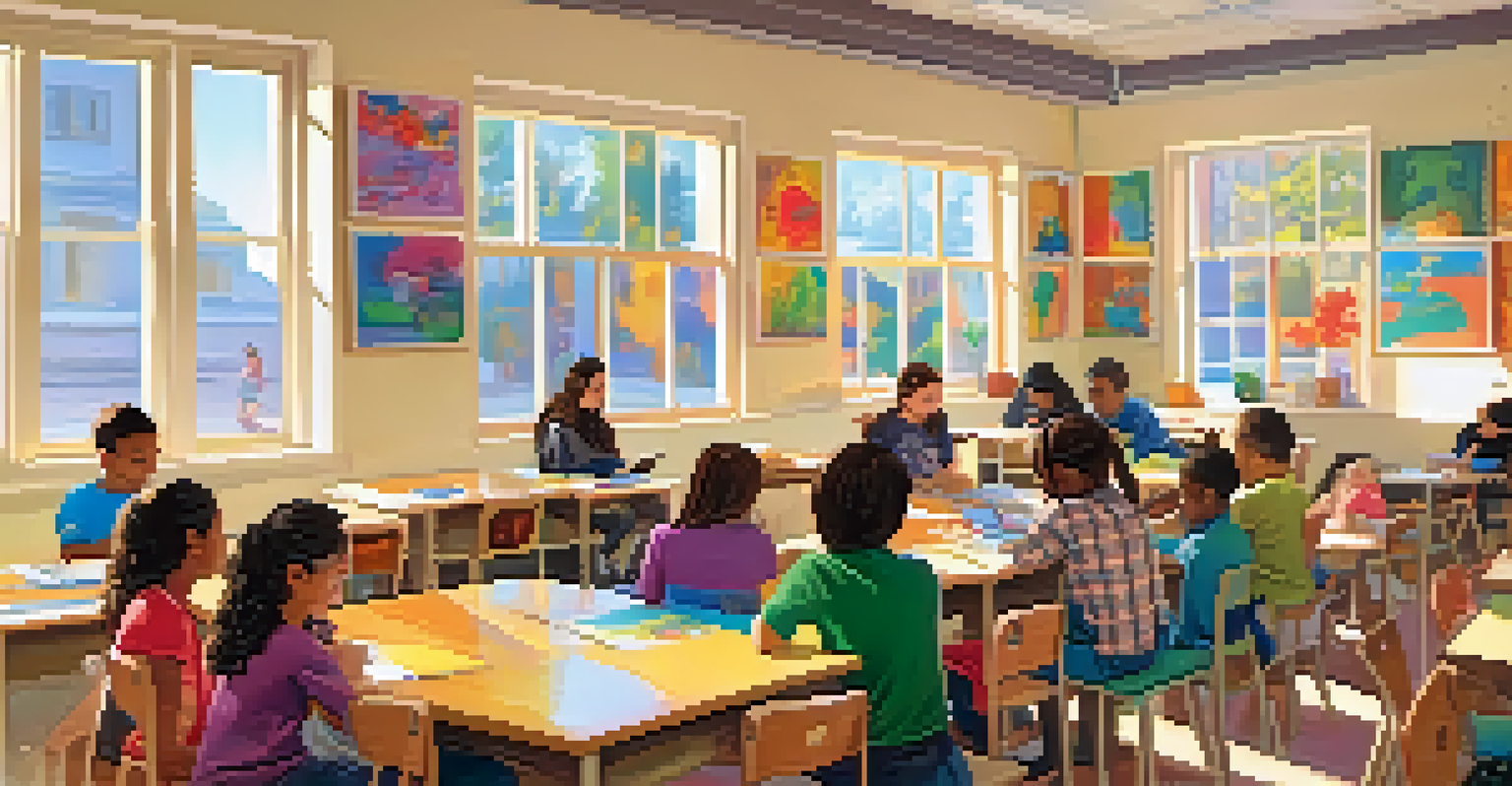 Students engaged in a creative writing workshop in a bright classroom filled with colorful artwork.