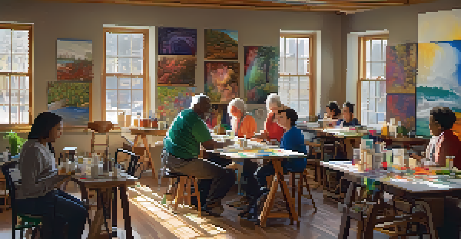 Artists participating in a community art workshop surrounded by vibrant artworks, with sunlight illuminating the space.