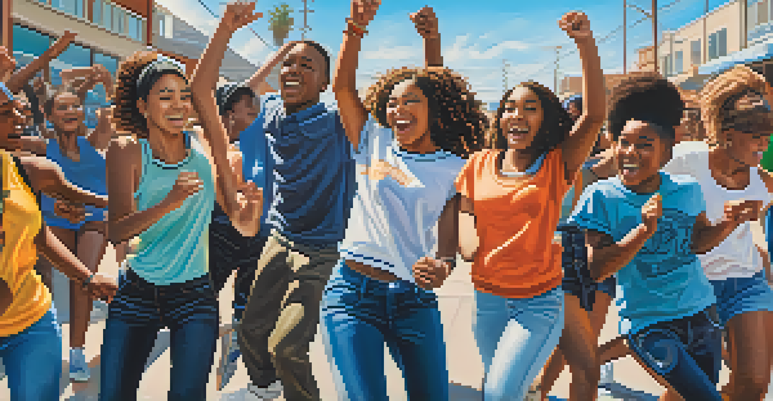 A close-up of young people dancing in Compton with urban art in the background, showing their joy and energy.