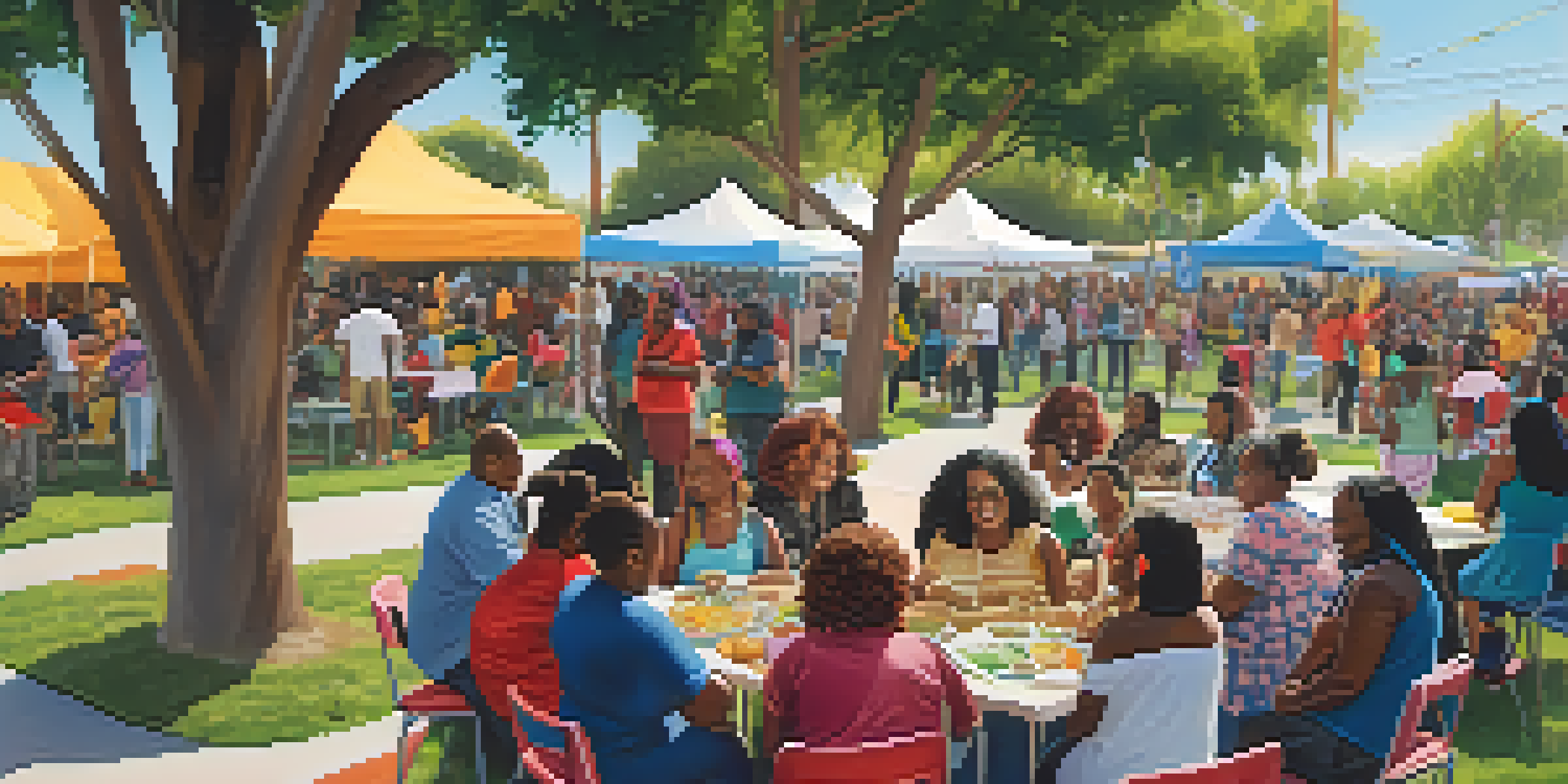 A lively community event in a park where diverse women leaders engage with residents, surrounded by colorful banners and food stalls, with children playing.