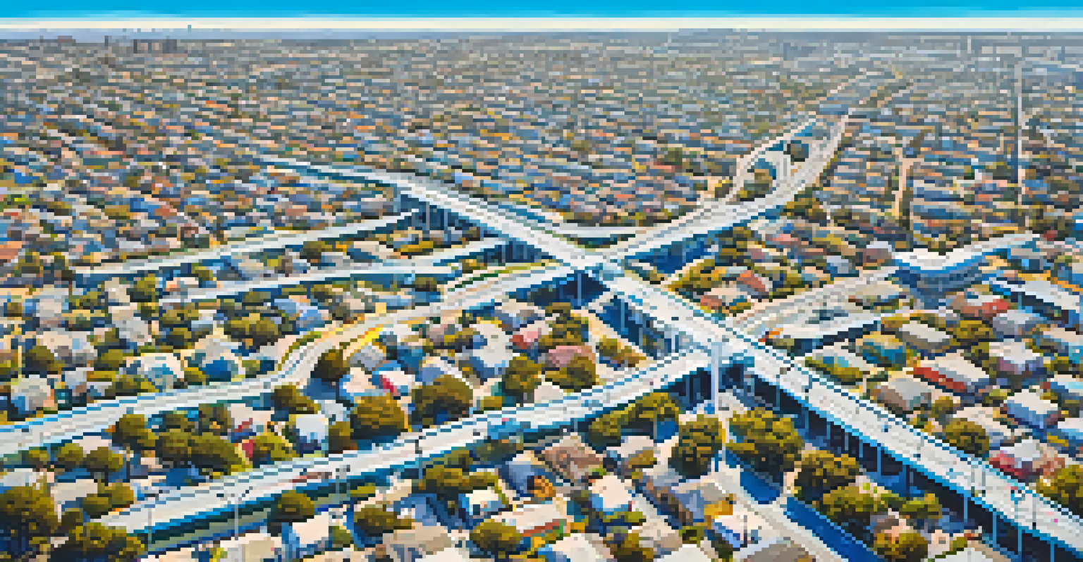 An aerial view of Compton showing public transportation routes, including buses and bike lanes in a vibrant city layout.