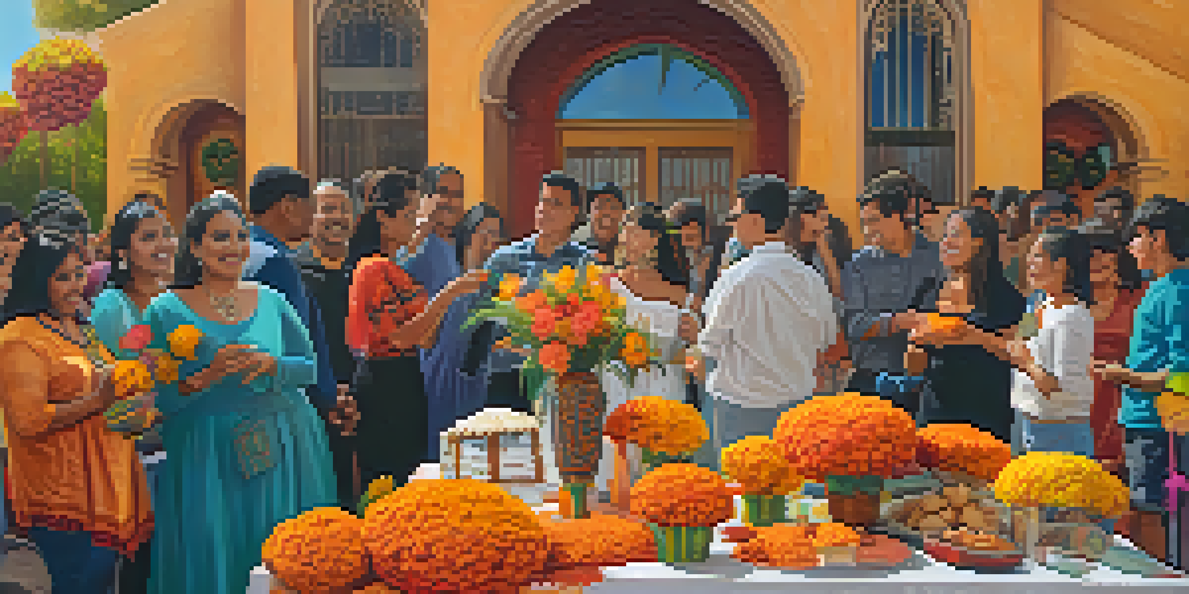 A Día de los Muertos altar decorated with marigolds and families celebrating together in Compton.