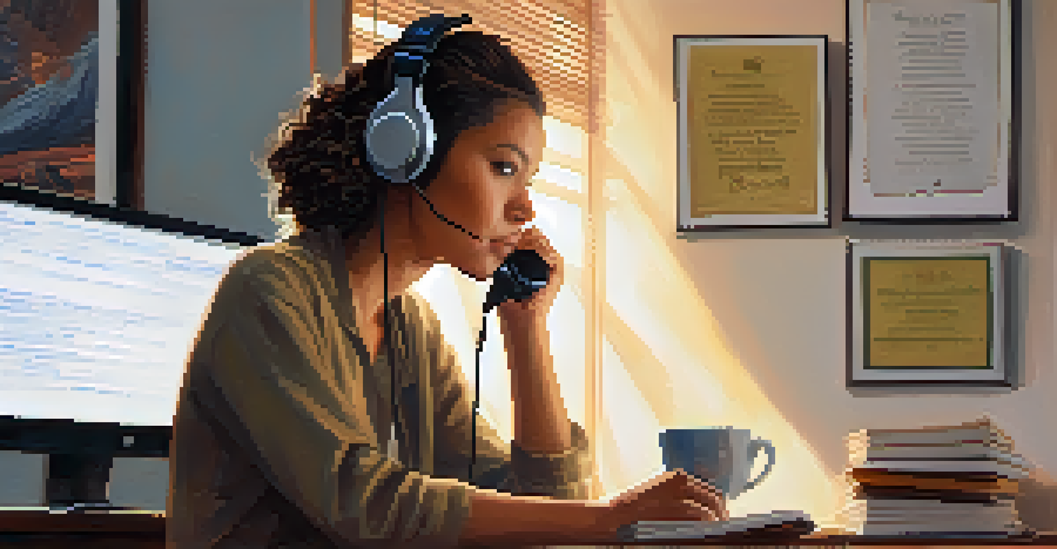A close-up of a compassionate listener on a crisis hotline, wearing a headset and looking empathetic, with notes and a cup of tea on the desk.