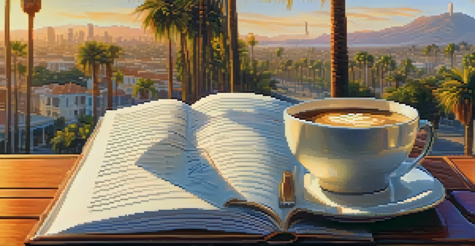 An open book with handwritten notes and a cup of coffee, set against a blurred background of Compton's urban landscape during sunset.