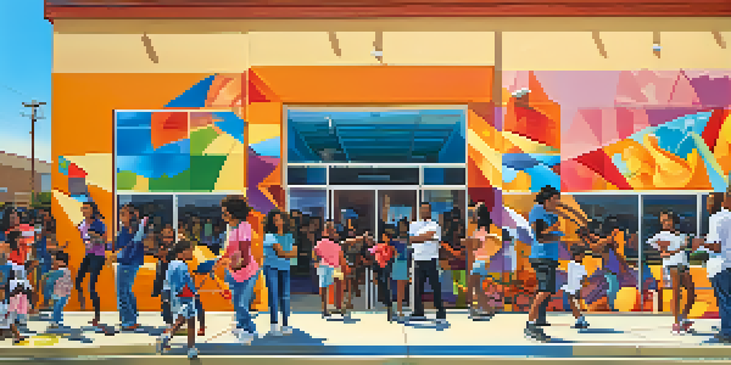 A community center in Compton with a colorful mural and diverse residents engaging in activities.