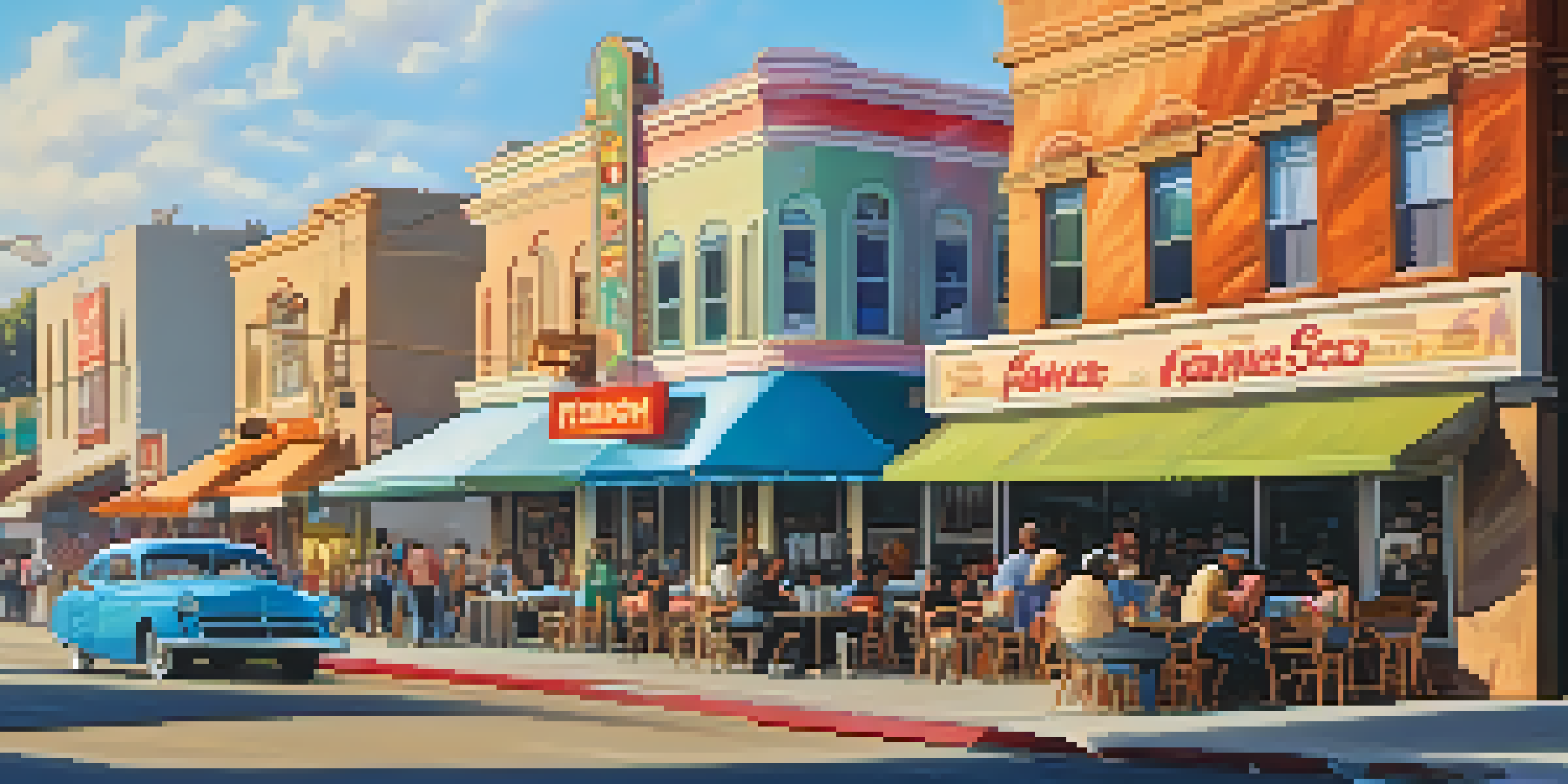 A bustling street scene in Compton showing a mix of old and new buildings, with people enjoying the day.