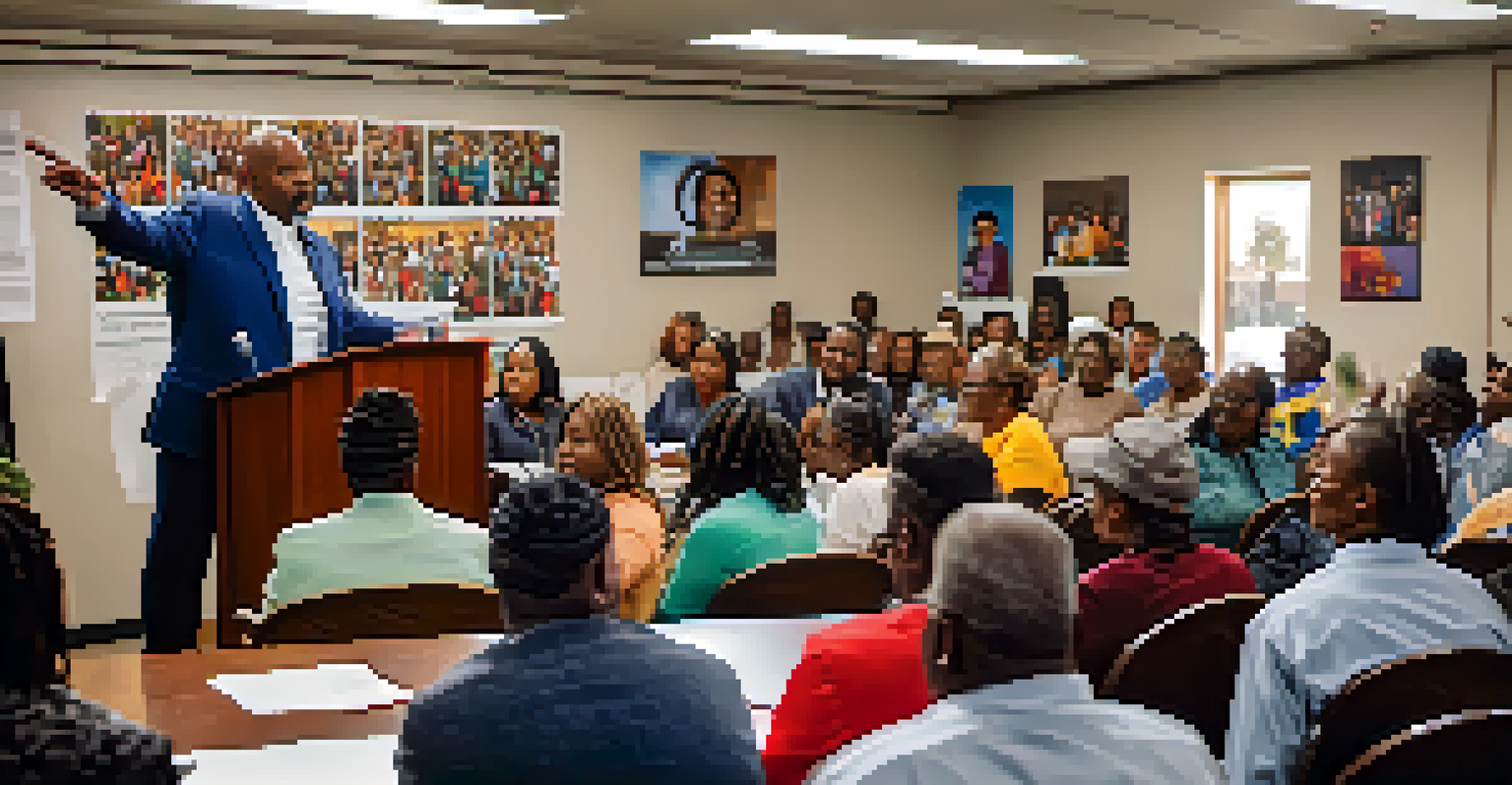 A portrait of Dr. Johnnie D. Johnson addressing a community meeting in Compton, with residents listening intently in a well-lit room decorated with educational advocacy posters.