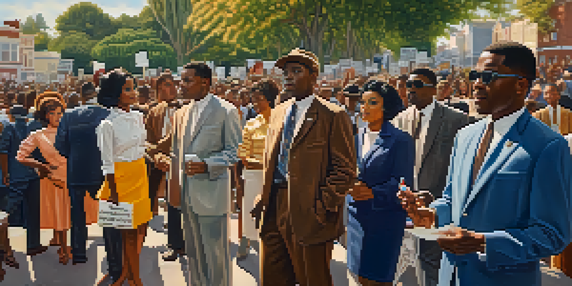 A historical civil rights rally in Compton, featuring diverse participants holding signs for equality, with warm sunlight and historic buildings in the background.