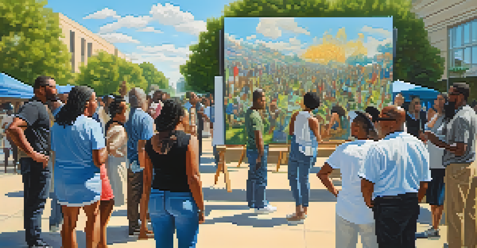 People attending an outdoor art exhibition with large canvases and sculptures addressing social issues, surrounded by greenery and blue skies.