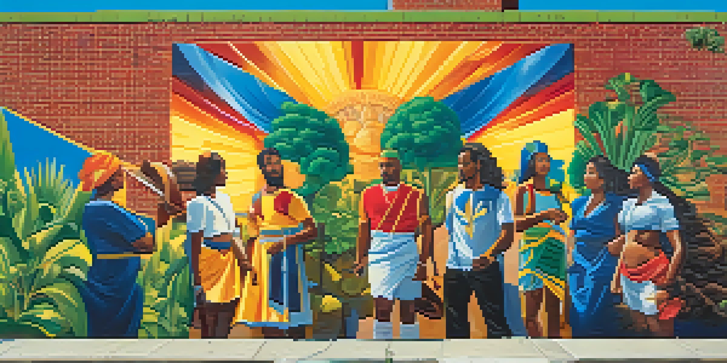 A colorful mural on a brick wall in Compton showcasing historical figures and cultural symbols, with locals nearby.