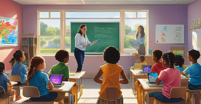 A bright, lively classroom with a teacher at the whiteboard and students using tablets, surrounded by educational posters.
