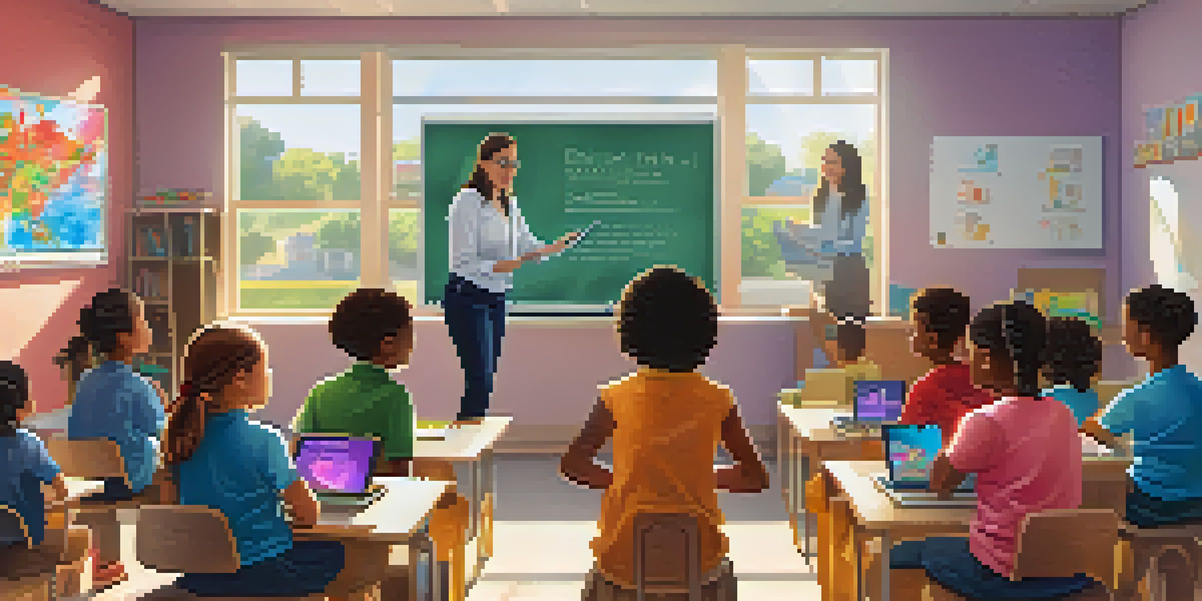 A bright, lively classroom with a teacher at the whiteboard and students using tablets, surrounded by educational posters.