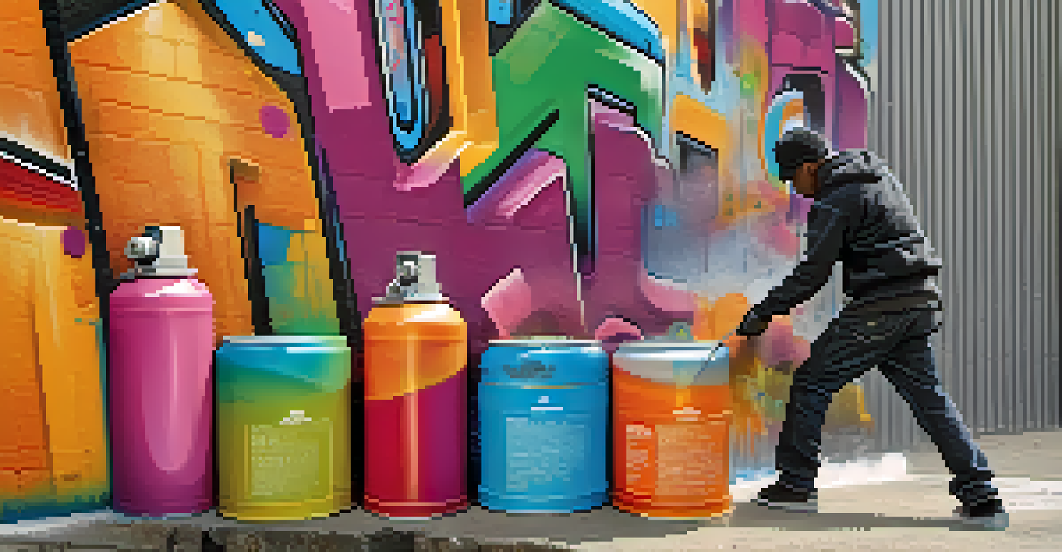Close-up of an artist's hand spray-painting graffiti, surrounded by colorful spray cans against a blurred neighborhood backdrop.