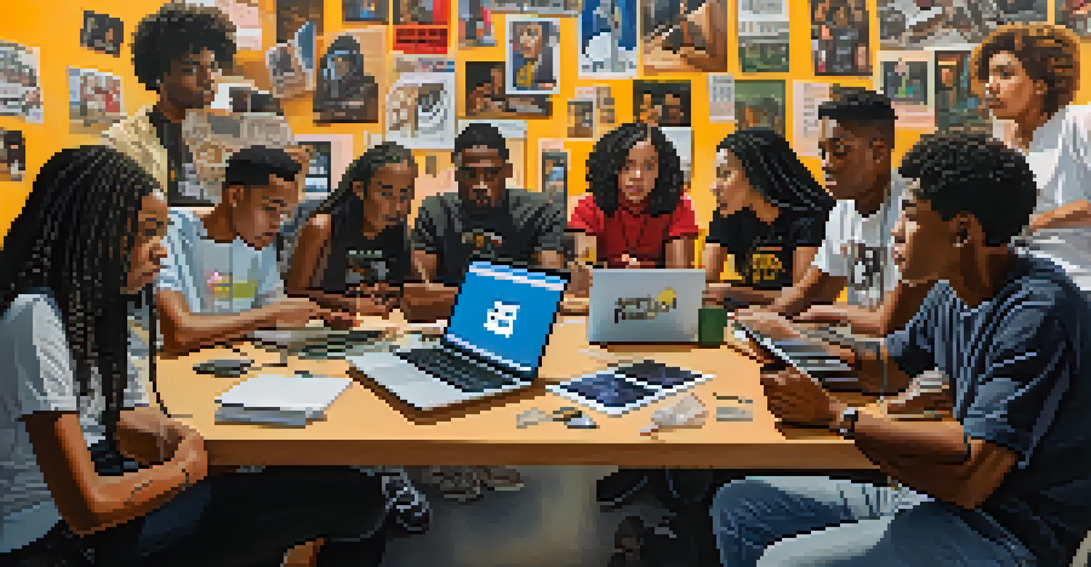 A dynamic scene of young activists in Compton using technology to plan protests, showcasing diversity and enthusiasm in a colorful environment filled with social justice posters.