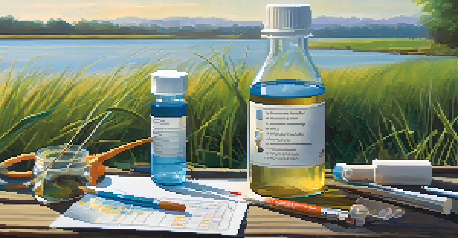 A close-up of a water quality testing kit on the riverbank, with clear water and fish in the background.