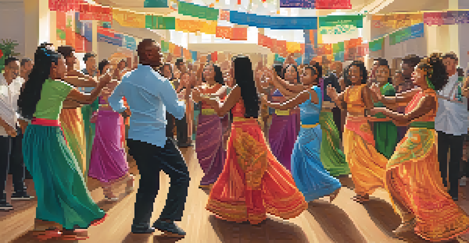 A cultural event at a library with local artists performing, and an audience enjoying the vibrant celebration of diversity.