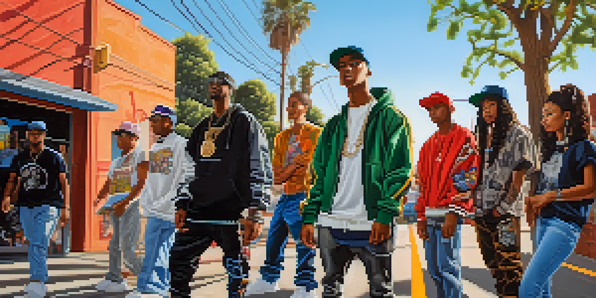 A lively street in Compton with young individuals in hip-hop attire and colorful murals in the background.