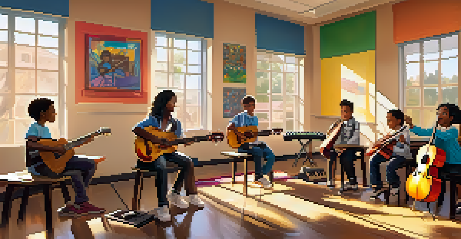 A classroom filled with diverse students participating in a music lesson, with various instruments and warm sunlight streaming in.