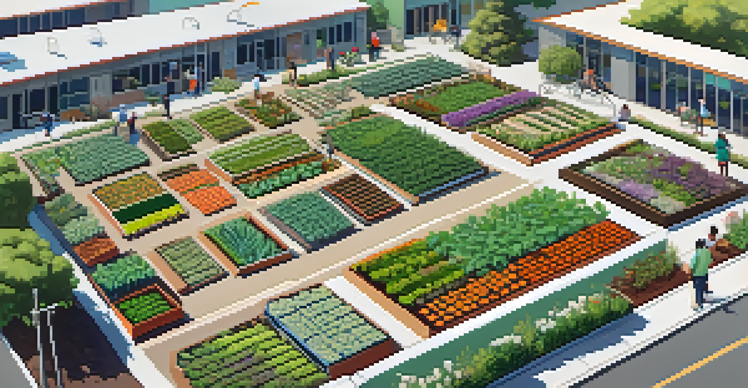 Aerial view of a vibrant community garden with diverse plots of vegetables and flowers, residents harvesting produce, and colorful murals in the background.