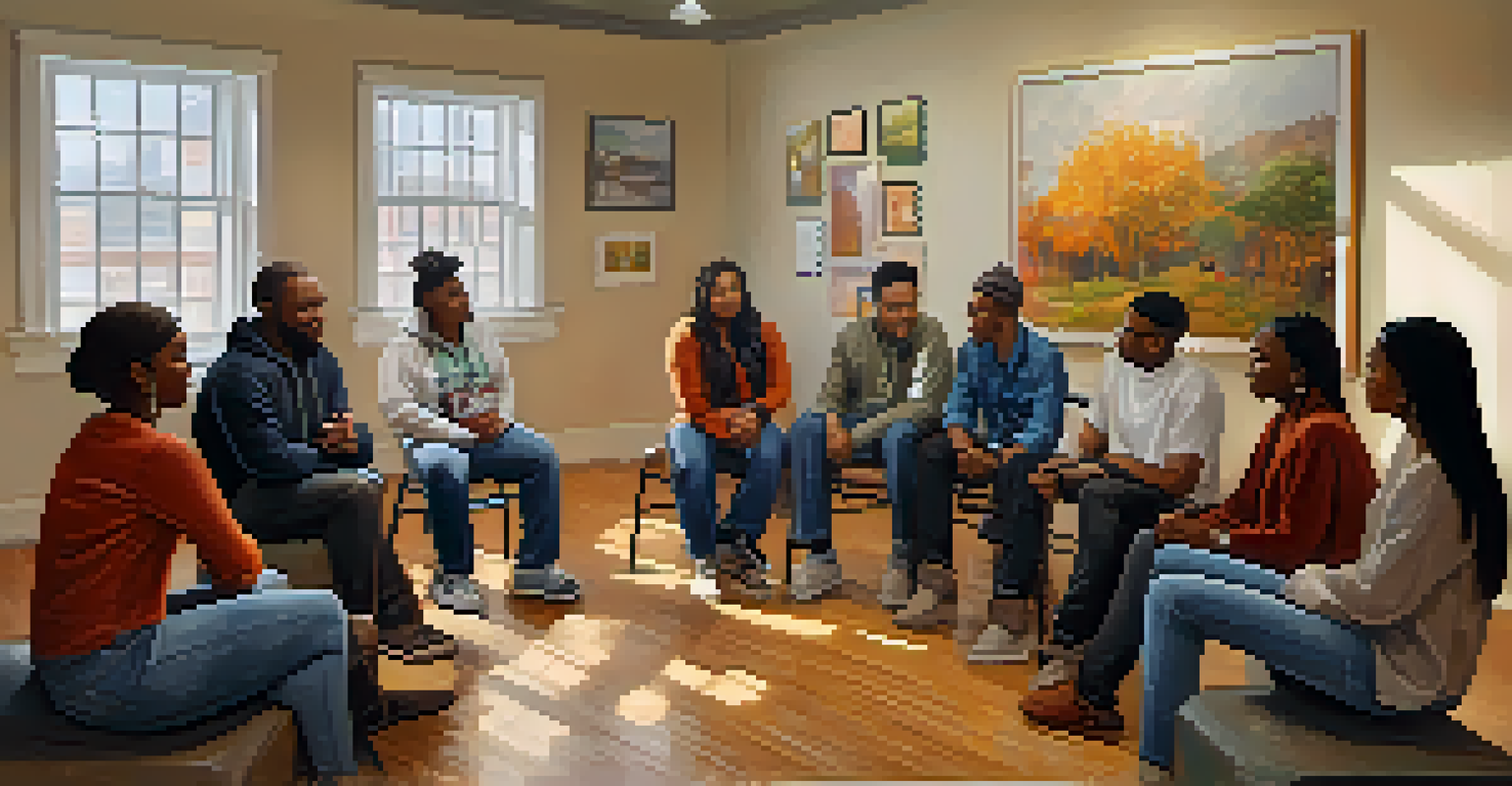 A diverse support group session where individuals are sharing experiences and listening to each other in a warm, inviting room.