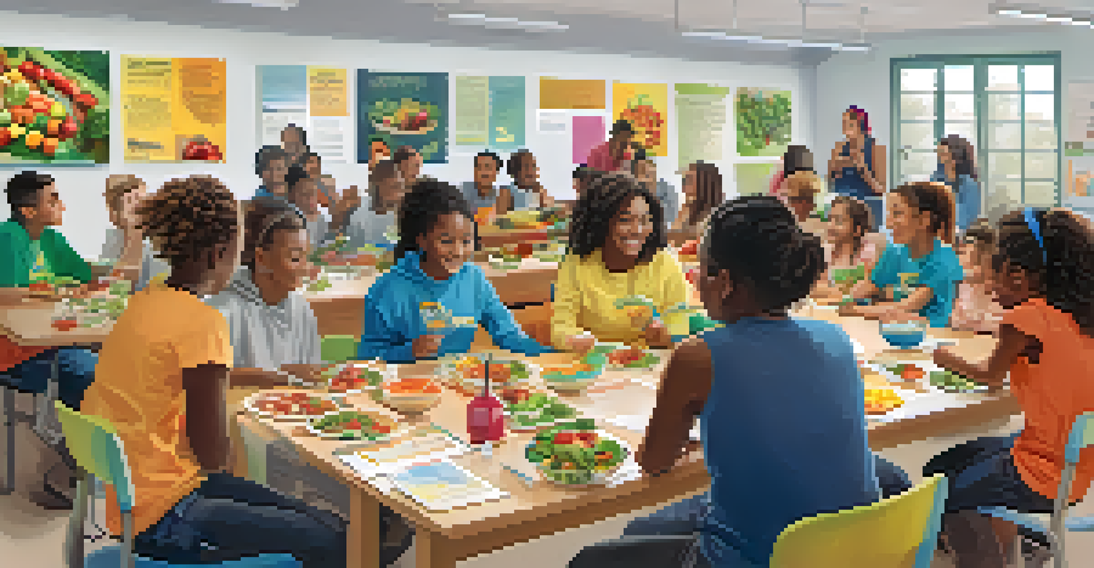 A nutrition education workshop in a community center with young people learning about healthy eating from an instructor, surrounded by colorful posters and healthy snacks.