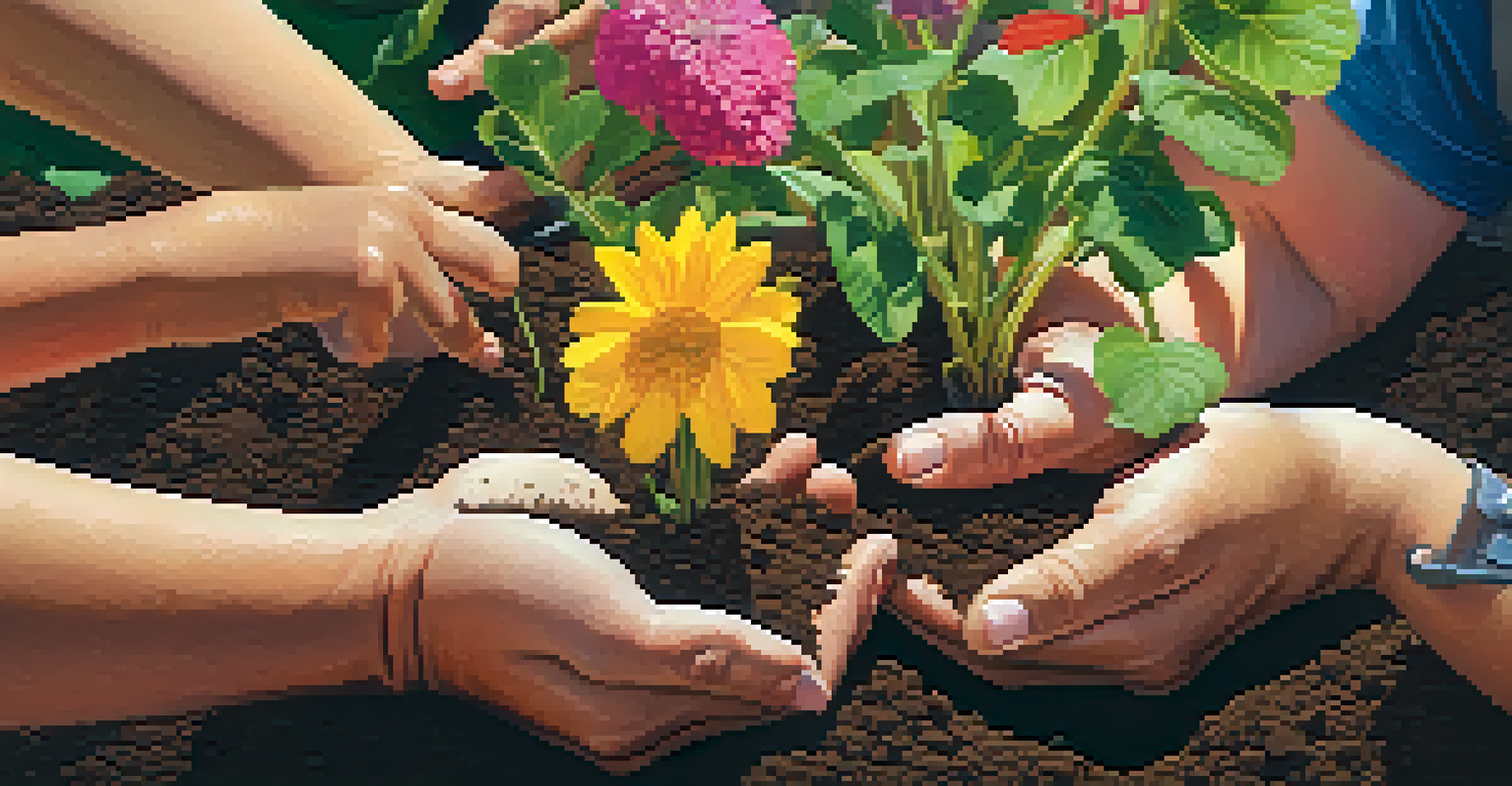 Hands of various ages planting flowers in a community garden, showcasing collaboration and growth in a vibrant setting.