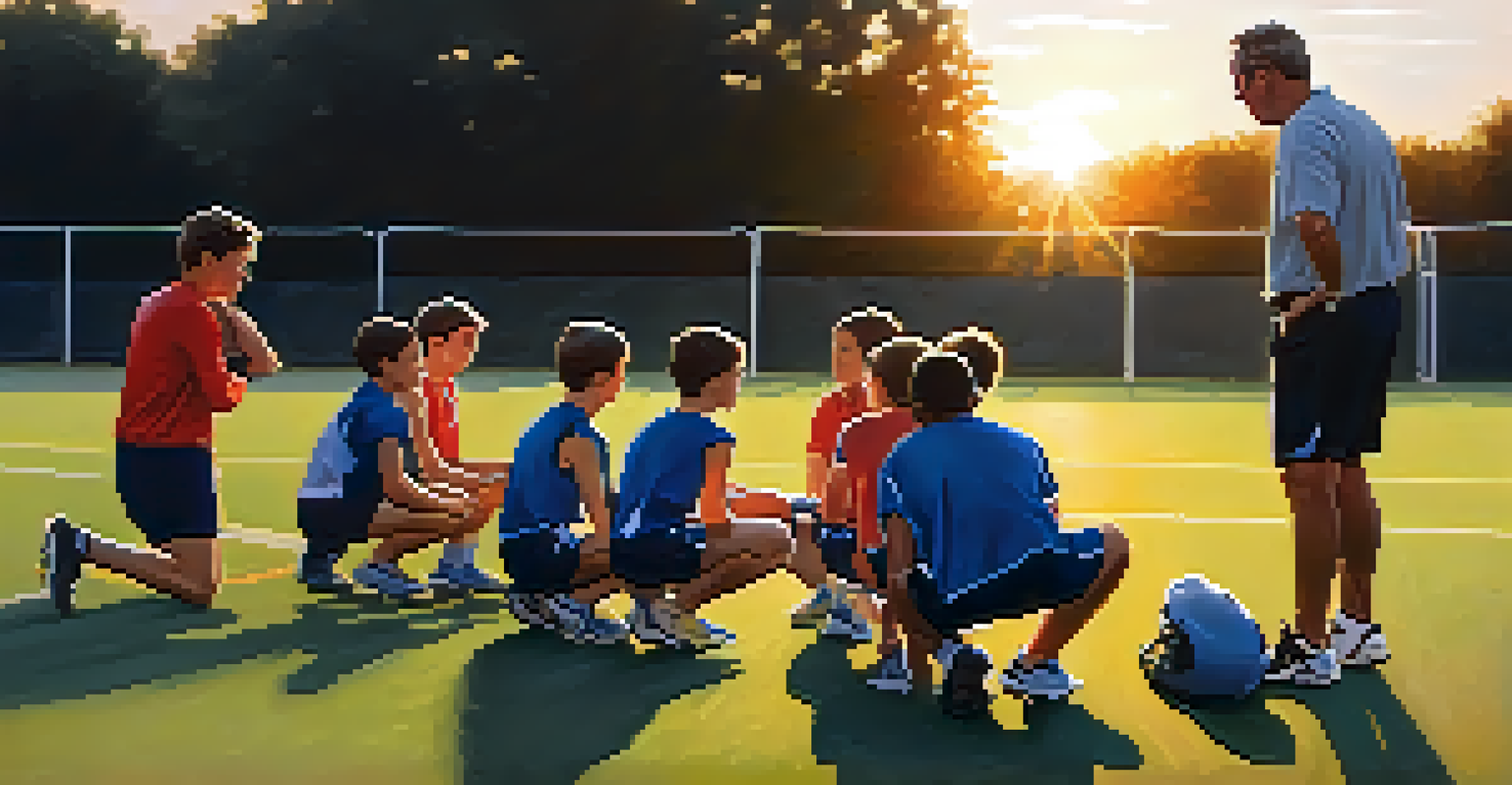 A coach interacting with young athletes during practice, with a sunset backdrop illuminating the training field.