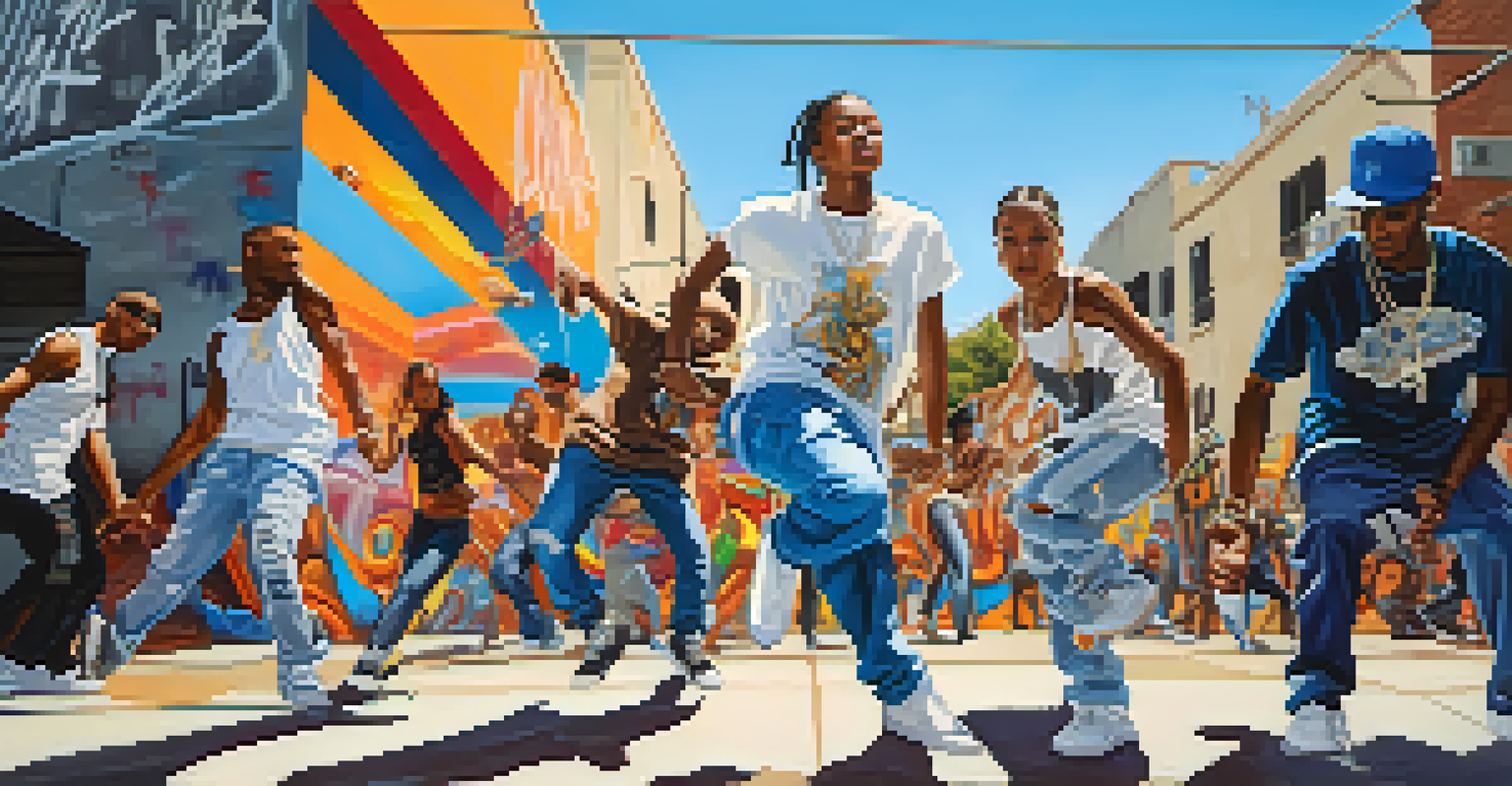 A lively street scene in Compton with young hip-hop dancers performing in front of vibrant street art.