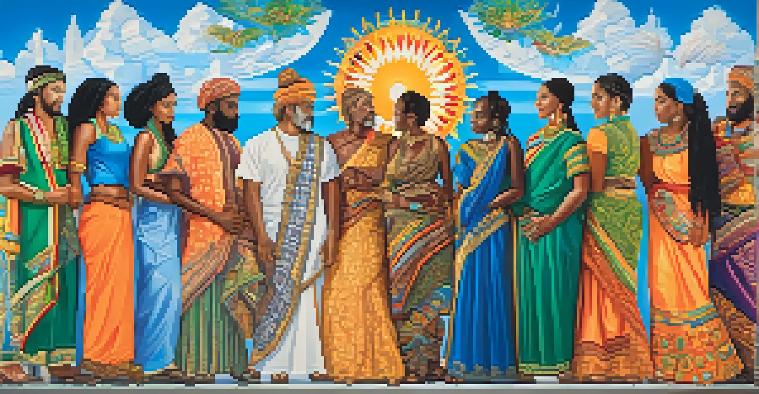 A mural titled 'Unity in Diversity' showing diverse figures holding hands with colorful patterns, under a blue sky.