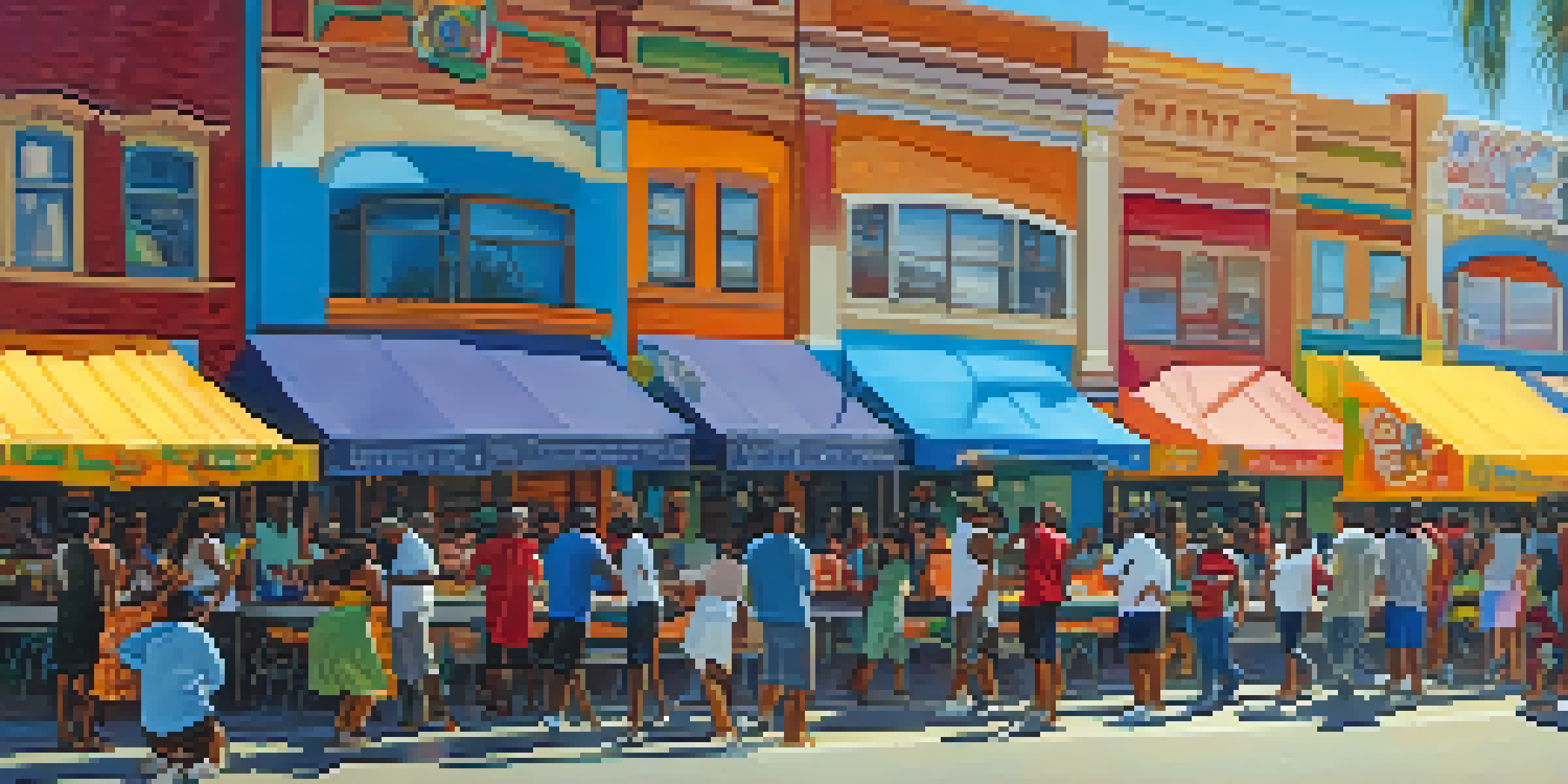 A lively community art festival in Compton, with colorful murals, people painting and dancing, and food stalls under bright sunlight.
